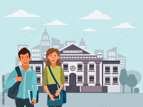 Happy and smiling group of students standing with notebooks. Back to school vector concept