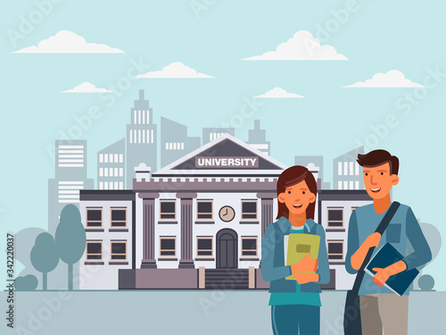 Happy and smiling group of students standing with notebooks. Back to school vector concept