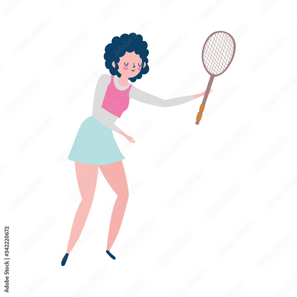 young woman with tennis racket isolated icon white background young woman with tennis racket isolated icon white background