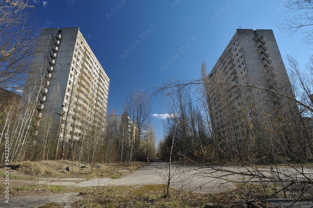 Street in abandoned ghost town Pripyat in Chernobyl zone Street in abandoned ghost town Pripyat in Chernobyl zone