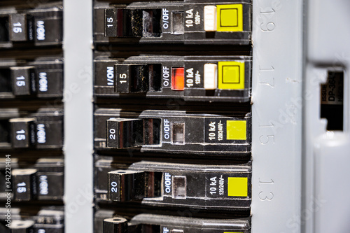 Fotografie Tripped breaker in residential house electric box