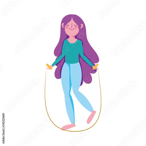 young girl with jump rope character isolated icon white background