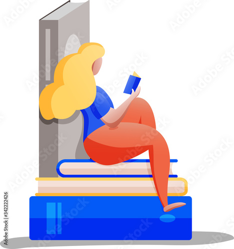 Illustration of woman sitting on books and reading book, big limbs style. 