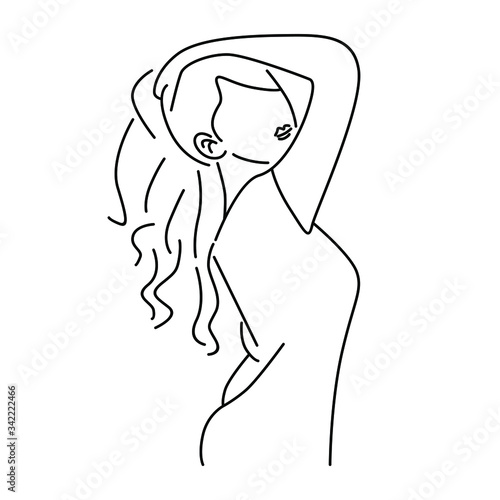 Beautiful young girl model for design. Fashion, style, youth, fitness, sports, beauty. Graphic, sketch, drawing. Sexy body. Line art vector illustration