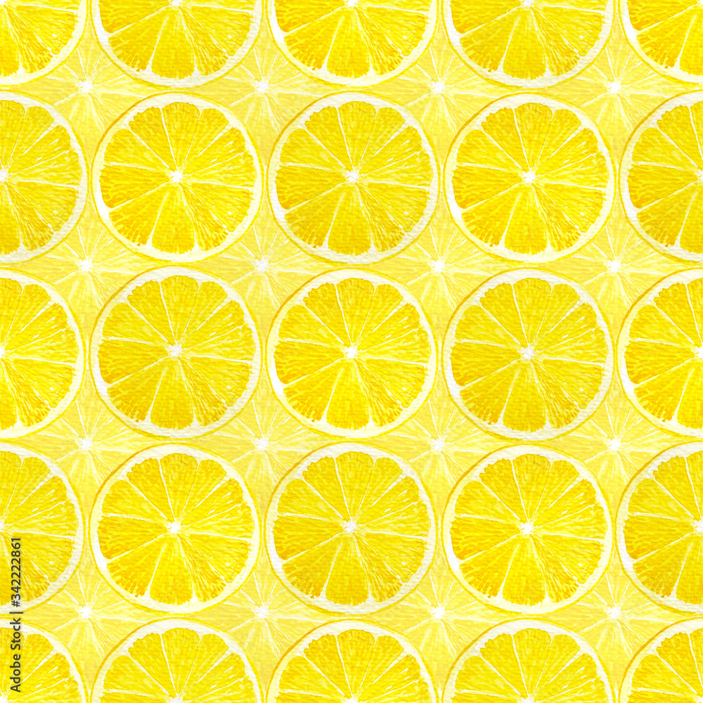 Watercolor hand painting illustration seamless pattern of circle sliced yellow Lemon fruits, repeated texture for fabric textiles printing