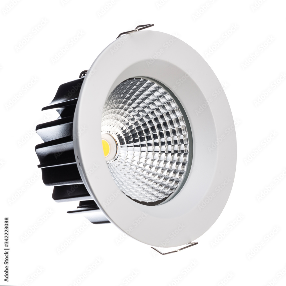 Circular modern energy saving LED down light lamp isolated on white background with fixtures Circular modern energy saving LED down light lamp isolated on white background with fixtures