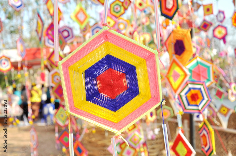 Fototapeta premium Esan Festival with Party small colorful Flags in Northeast of Thailand