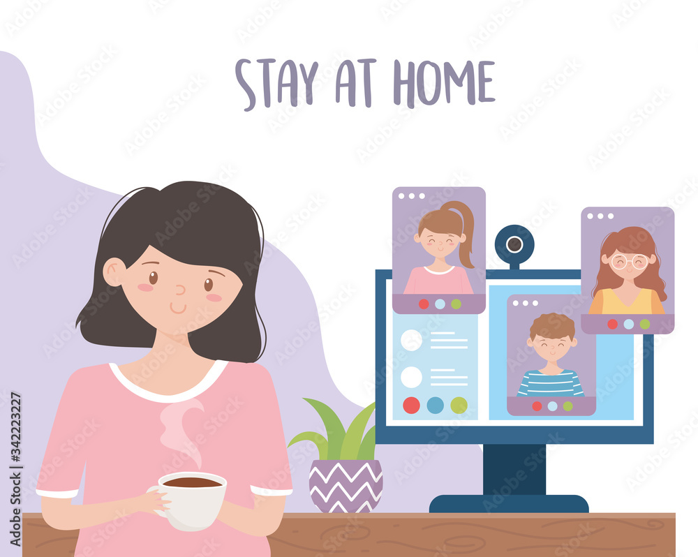 stay at home, woman with coffee cup books and computer studying stay at home, woman with coffee cup books and computer studying