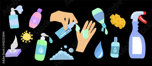 Vector set of hands and gel antibacterial against coronavirus. Hand disinfectants in flat style. Precautions during an epidemic. Soap and gel bottles isolated on dark background