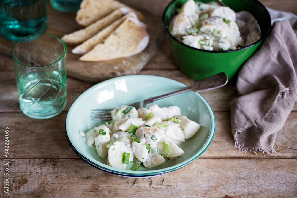 A bowl of simple rustic Creamy potato salad with green onions A bowl of simple rustic Creamy potato salad with green onions