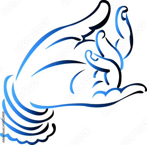 Lord Buddha hand. Isolated vector illustration of Mudra. Hindu motifs. Tattoo, yoga, spirituality, textiles, hand position.