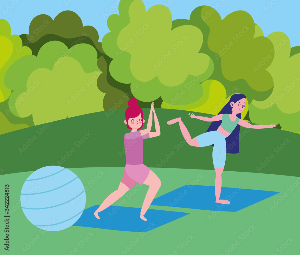 young girls practicing yoga with fit ball in the park cartoon