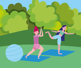 young girls practicing yoga with fit ball in the park cartoon