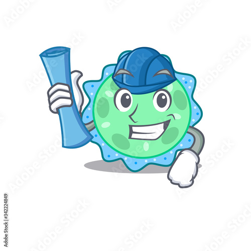 Cartoon character of pseudomonas aeruginosa brainy Architect with blue prints and blue helmet
