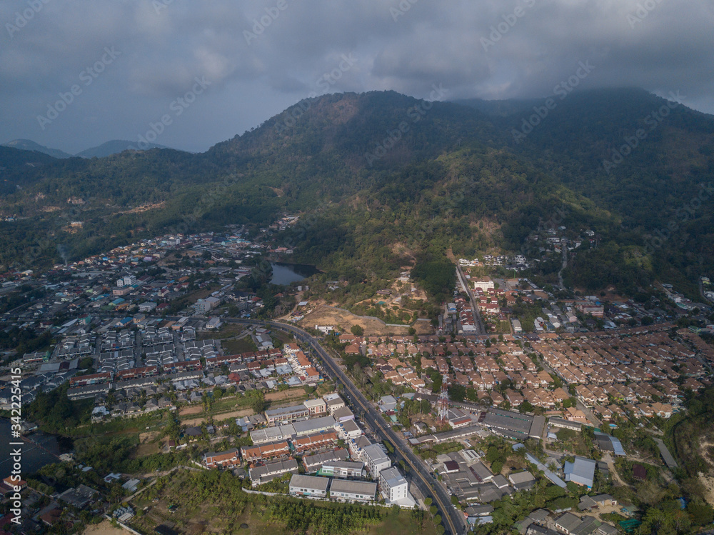 aerial view of the cottage village around the picturesque mountains at sunrise