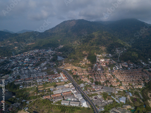 aerial view of the cottage village around the picturesque mountains at sunrise
