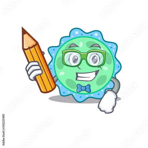 A brainy student pseudomonas aeruginosa cartoon character with pencil and glasses