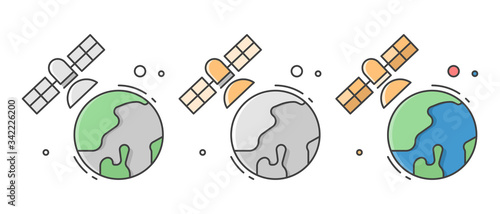 Artificial satellite orbit on planet earth. Icons set in different style. Flat style. Isolated on white background. 