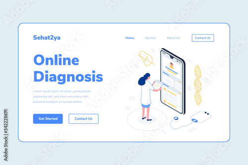Landing Page Template Online Diagnosis Woman Doctor Smarthphone Stethoscope DNA Health Isometric Illustration