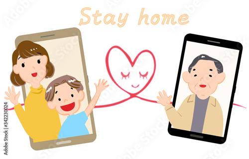 スマホでビデオ通話をする祖父と孫のイラスト
