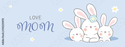 Draw banner rabbit and baby in hole on blue color.For mother'day.