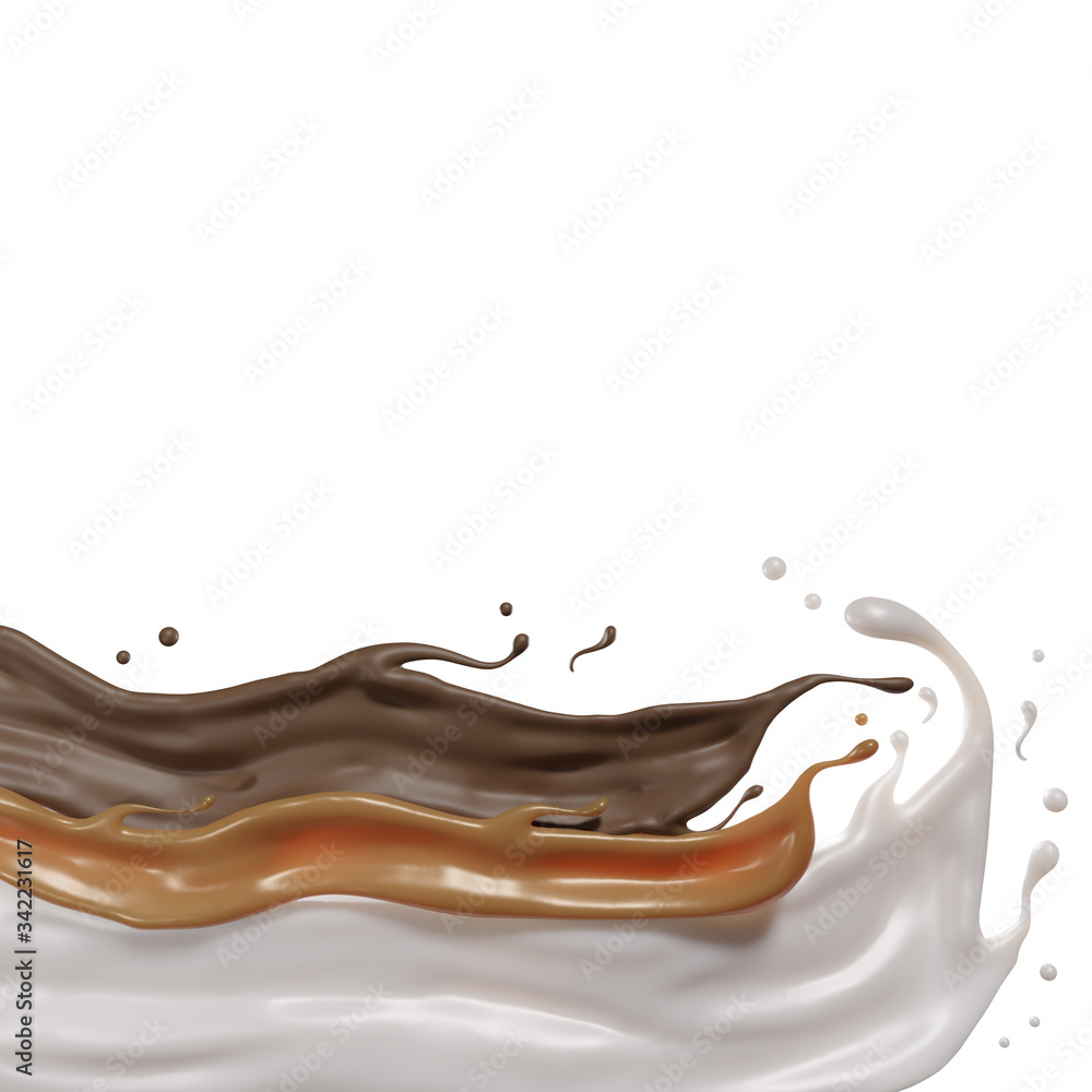 Milk Chocolate and caramel splash wave on floor abstract shapes , isolated on white background , 3d illustration 3D Rendering Milk Chocolate and caramel splash wave on floor abstract shapes , isolated on white background , 3d illustration 3D Rendering