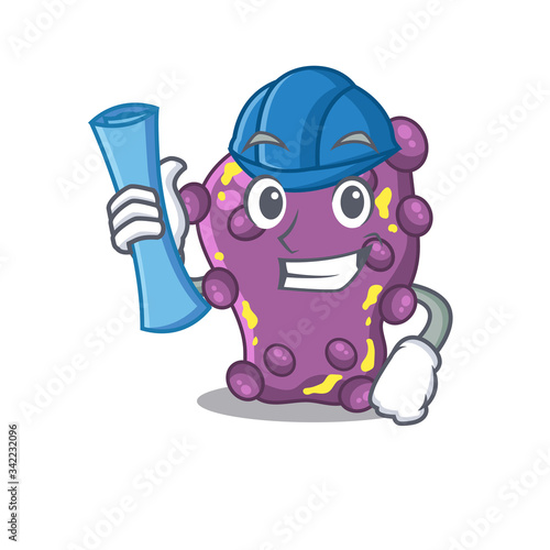 Cartoon character of shigella brainy Architect with blue prints and blue helmet