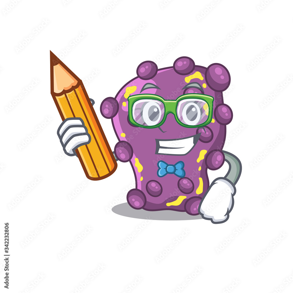 A brainy student shigella cartoon character with pencil and glasses