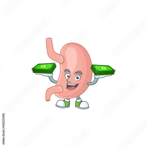 A cheerful stomach mascot design with some money on hands