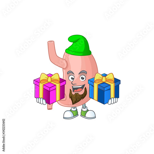 A smiling stomach cartoon design having Christmas gifts