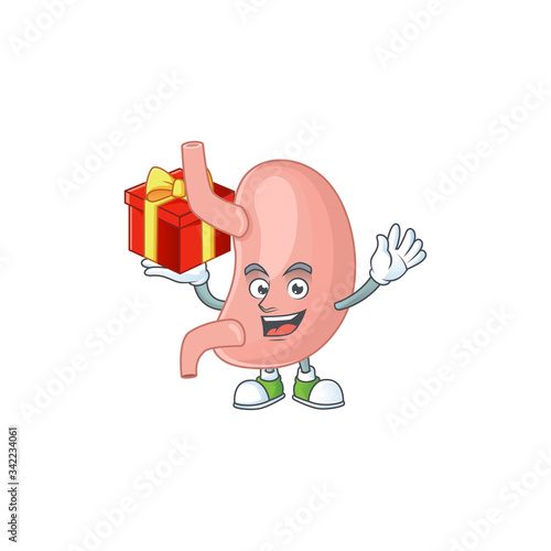 Charming stomach mascot design has a red box of gift