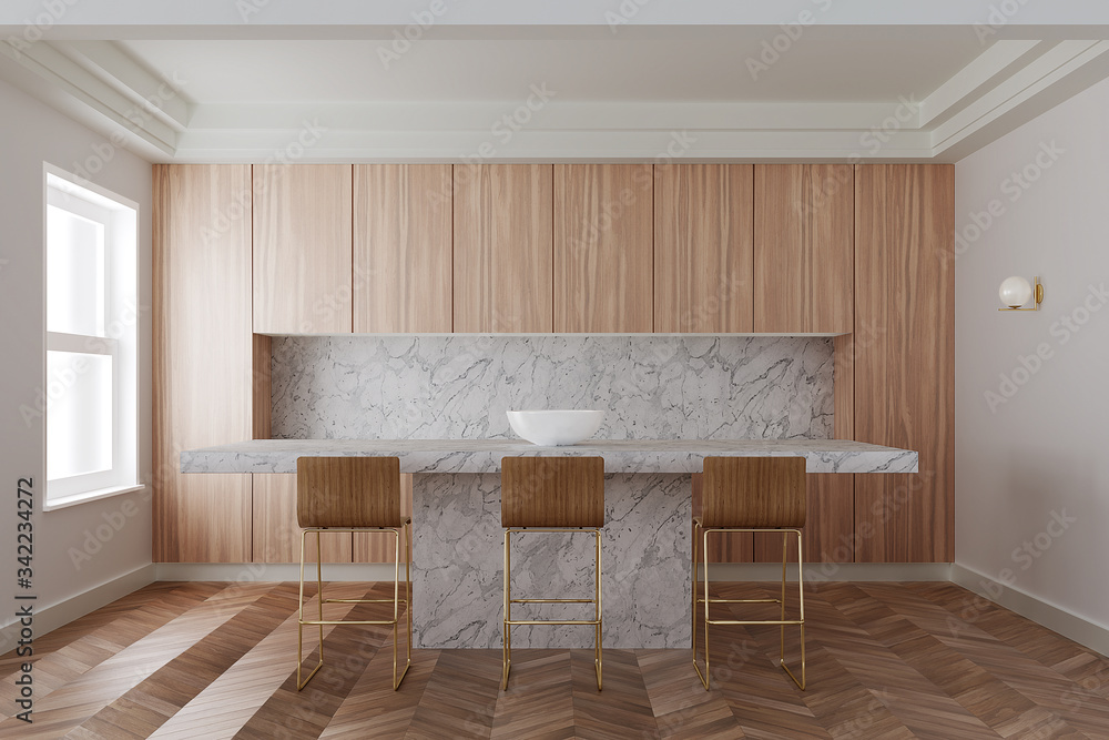 Interior of modern kitchen with Wooden cupboards,long white mable bar with wooden stools. 3D illustration Interior of modern kitchen with Wooden cupboards,long white mable bar with wooden stools. 3D illustration