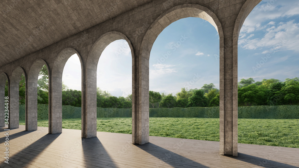 Obraz premium Contemporary Arch corridor with green garden view. 3D illustration