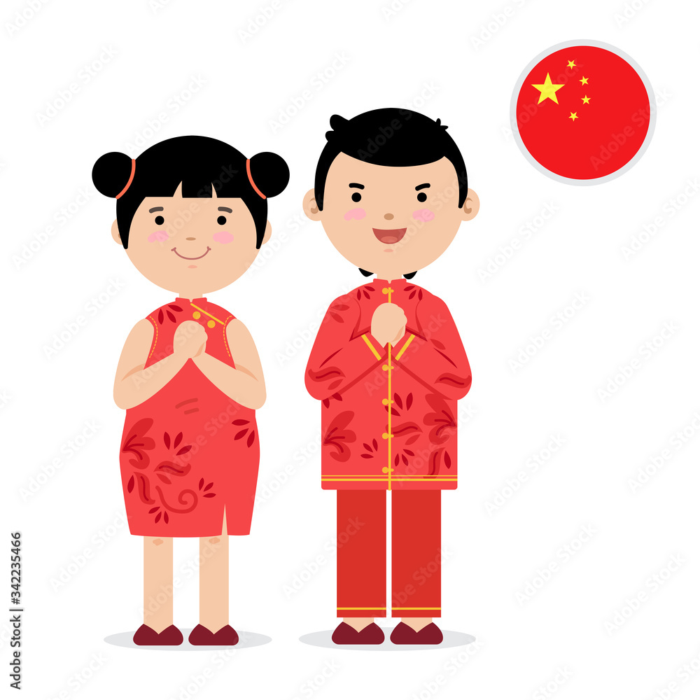 Cute chinese boy and girl in traditional suite.