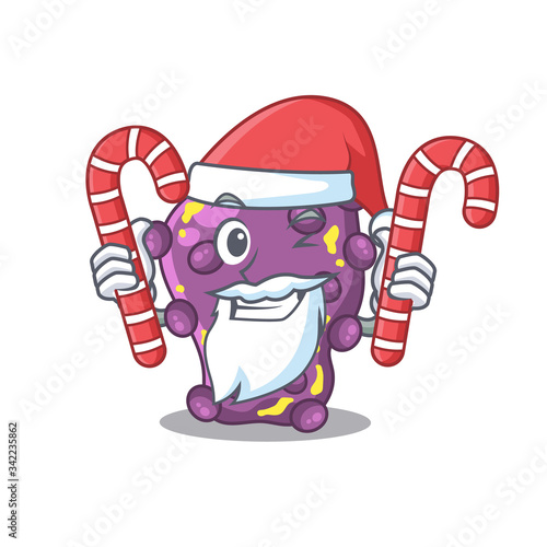Friendly shigellain Santa Cartoon character holds Christmas candies