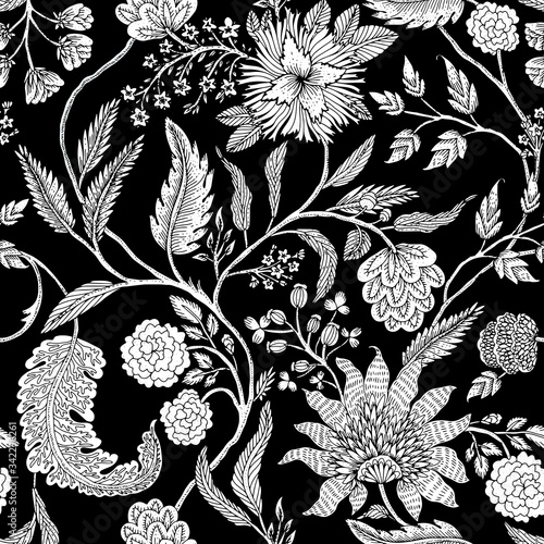 Seamless pattern with fantasy flowers, natural wallpaper, floral decoration curl illustration. Paisley print hand drawn elements. Home decor.