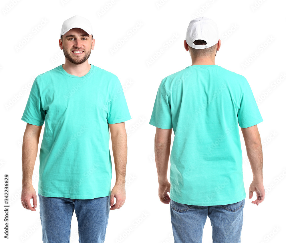 Handsome man in stylish cap on white background. Front and back view Handsome man in stylish cap on white background. Front and back view