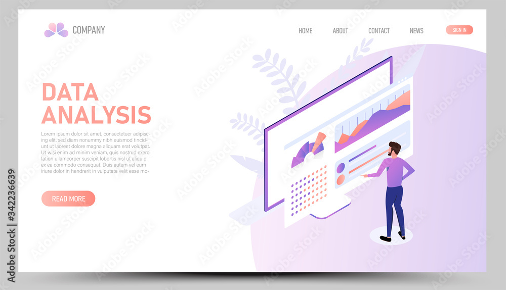 Flat vector landing page or web design men and women creating and data analysis projects business  concept