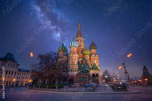 Saint Basil's Cathedral in Moscow, Russia known as The Cathedral of Vasily the Blessed, is a Russian Orthodox church on Red Square. Beautiful night sky with milky way 