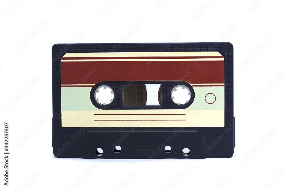 old vintage tape audio cassette with stickers on white isolated background layout. retro vintage 80's 90's music concept