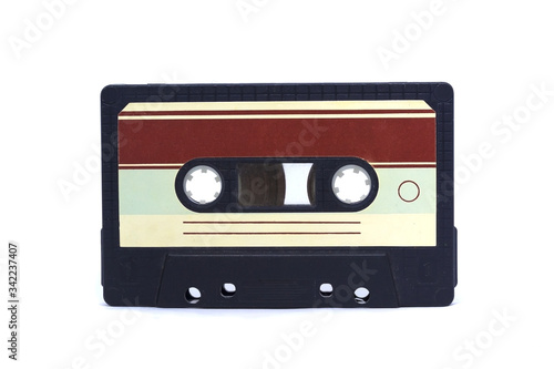 old vintage tape audio cassette with stickers on white isolated background layout. retro vintage 80's 90's music concept