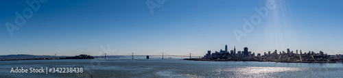 Panorama shot of the San Francisco California Downtown Skyline from Alcatraz viewing deck