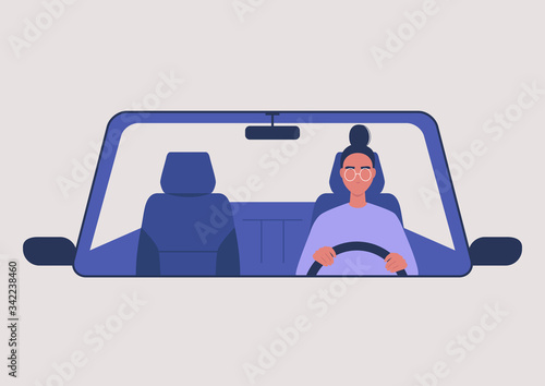 Young female character driving a car, millennial lifestyle