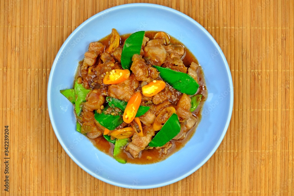 Stir fried pork belly with shrimp paste, Authentic Thai food. Stir fried pork belly with shrimp paste, Authentic Thai food.