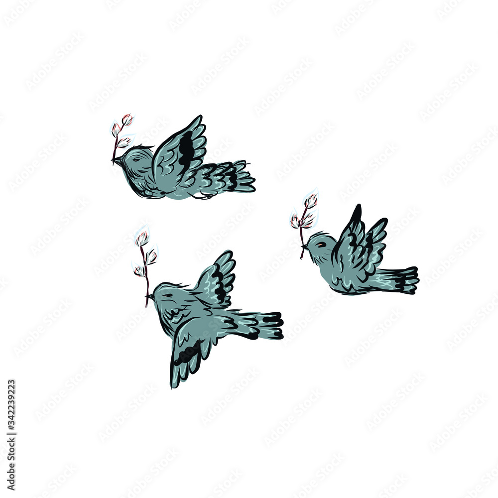Fototapeta premium Three birds fly holding willow branches in their beaks.