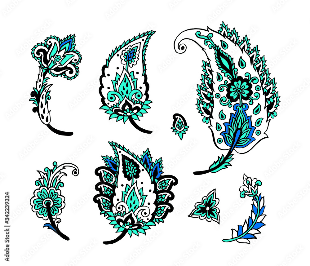Floral decoration curl illustration. Paisley print hand drawn elements set. 