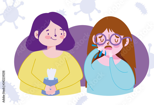covid 19 coronavirus, coughing girl and woman with tissue paper
