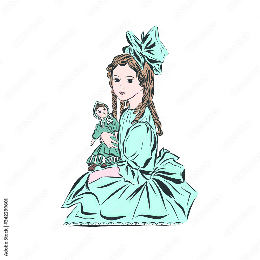 Princess with doll. Girl dressed in blue ball gown, hear bow. Lady in vintage style from the nineteenth century. 