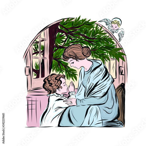 Boy with Mother prays to God in garden, and  guardian angel watches them. 