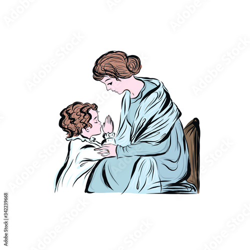 Child prays to God sitting on his knees in front of his mother. Believing family. Religious people. 